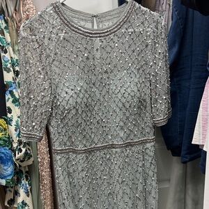 Adrianna Papell Silver Beaded Long Sleeve Dress